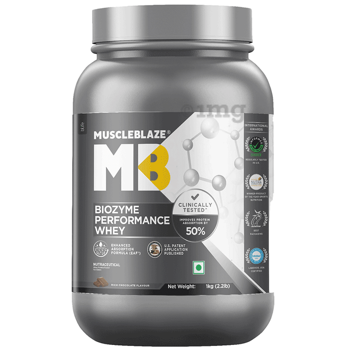 MuscleBlaze Biozyme Performance Whey Protein | For Muscle Gain | Improves Protein Absorption by 50% | Flavour Powder Rich Chocolate