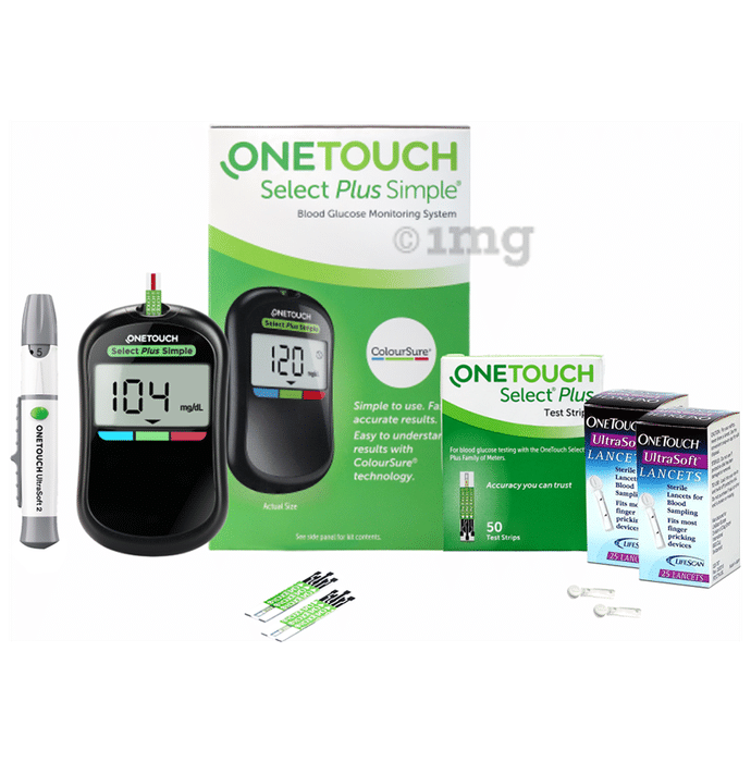Combo Pack of OneTouch Select Plus Simple Glucometer with 10 Free Strips Black, OneTouch Select Plus Test Strip (50) & 2 Boxes of OneTouch Ultrasoft Lancets (25 Each)