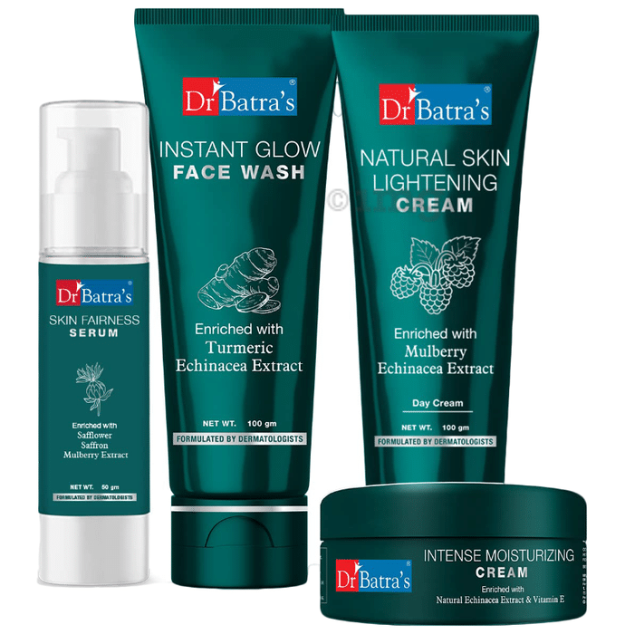 Dr Batra's Combo Pack of Instant Glow Face Wash 100gm, Natural Skin Lightening Cream 100gm, Skin Fairness Serum 50gm and Intense Moisturizing Cream 100gm