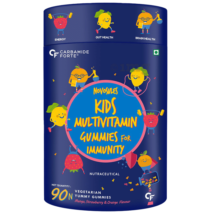 Carbamide Forte Novosules Kids Multivitamin | Gummies for Energy, Brain & Gut Health | Flavour Mango, Strawberry & Orange