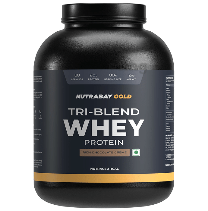 Nutrabay Gold Tri-Blend Whey Protein for Muscle Recovery & Immunity | No Added Sugar | Flavour Rich Chocolate Creme