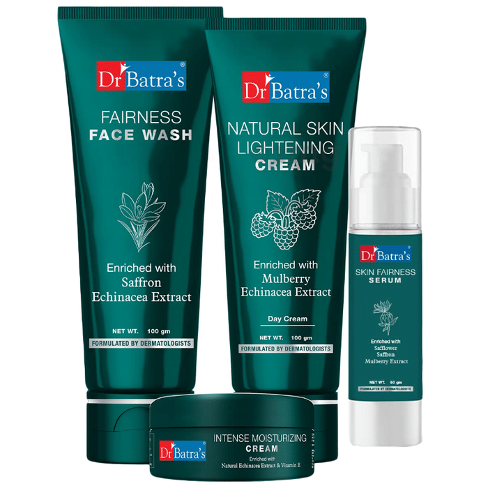 Dr Batra's Combo Pack of Fairness Face Wash 100gm, Natural Skin Lightening Cream 100gm, Skin Fairness Serum 50gm and Intense Moisturizing Cream 100gm