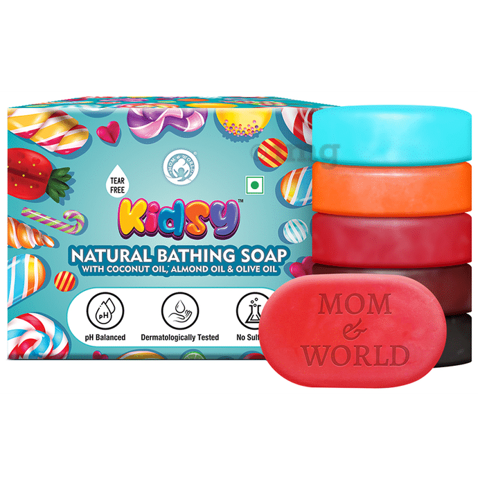 Mom & World Kidsy 5 In 1 Gummies, Fruit Candy, Candy Floss, Marshmallow & Kola Candy Tear Free Natural Bathing Soap (75gm Each)