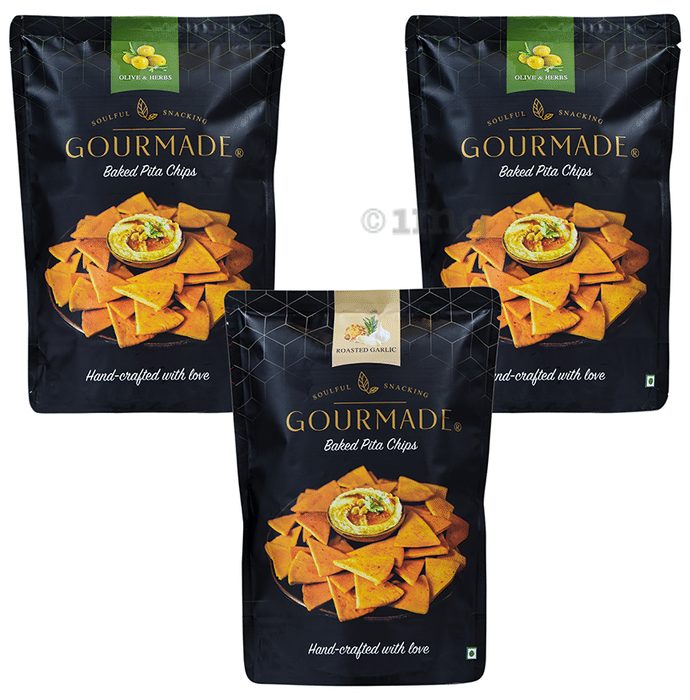 ‎Gourmade Soulful Snacking  Combo Pack of Pita Chips Olive & Herbs-2 & Roasted Garlic-1 (125gm Each)