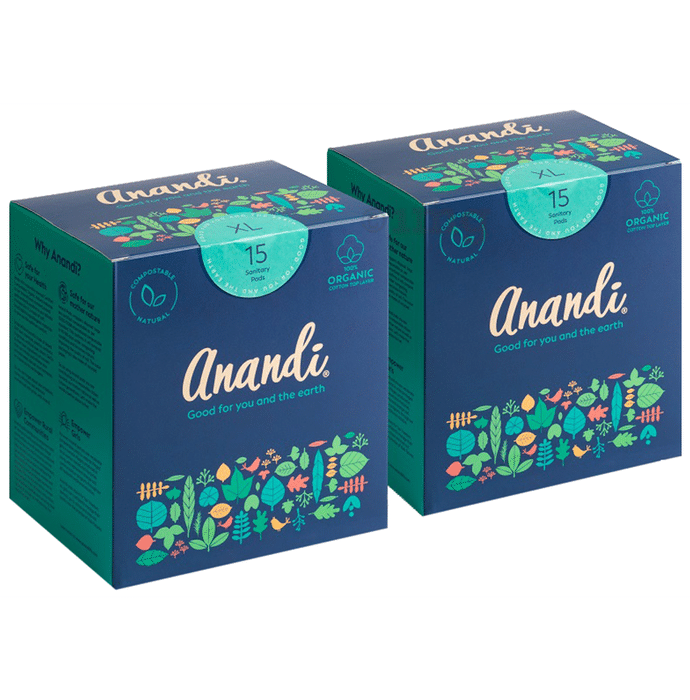 Anandi 100% Organic Cotton Sanitary Pads for Women with Disposal Pouch (15 Each) XL