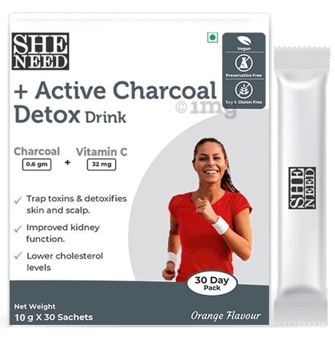 SheNeed + Active Charcoal Detox Drink Sachet (10gm Each) Orange