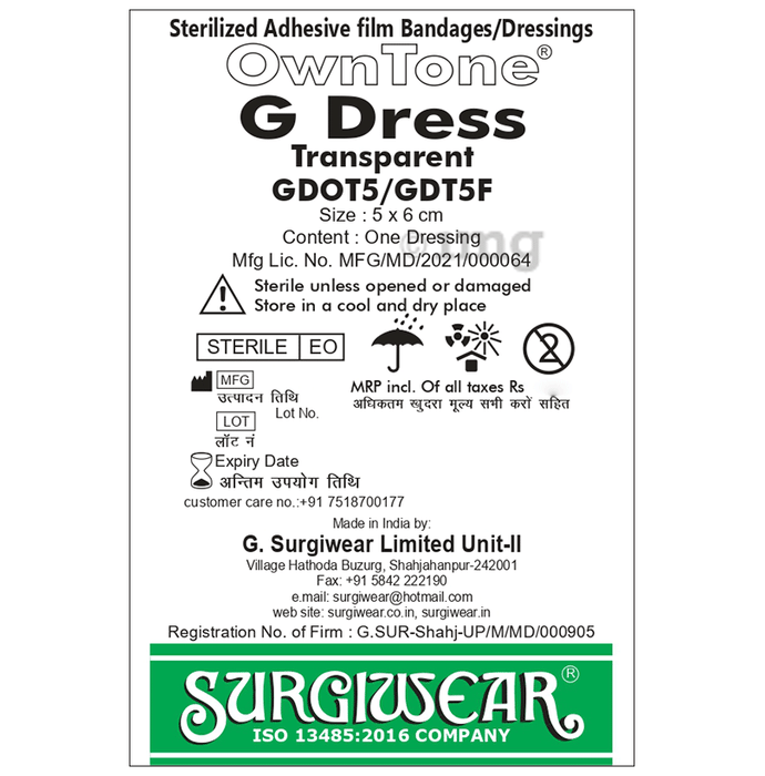 Surgiwear GDOT5 / GDT5F OwnTone G Dress Transparent (Without Pad) 5 x 6cm
