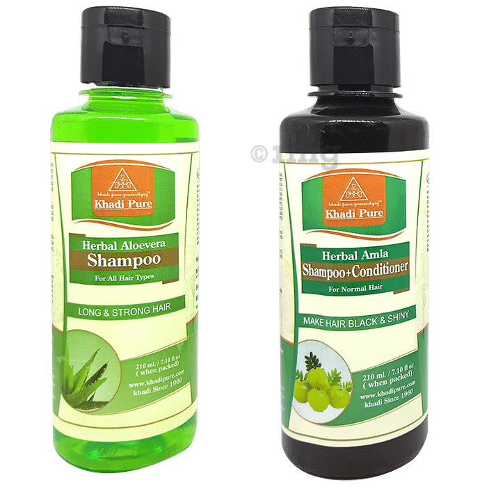 Khadi Pure Combo Pack of Herbal Aloevera Shampoo and Herbal Amla Shampoo + Conditioner (210ml Each)