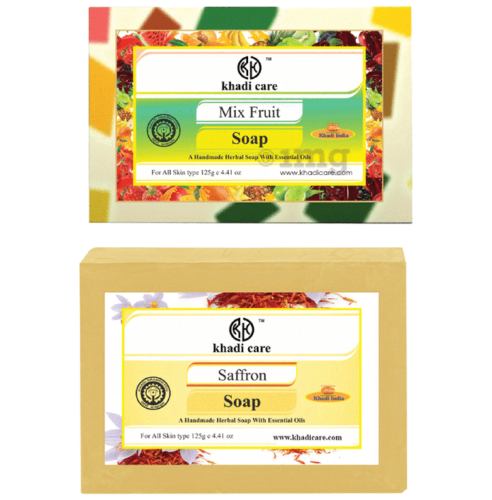 Khadi Care Combo Pack of Herbal Mix Fruit Soap & Saffron Soap (125gm Each)