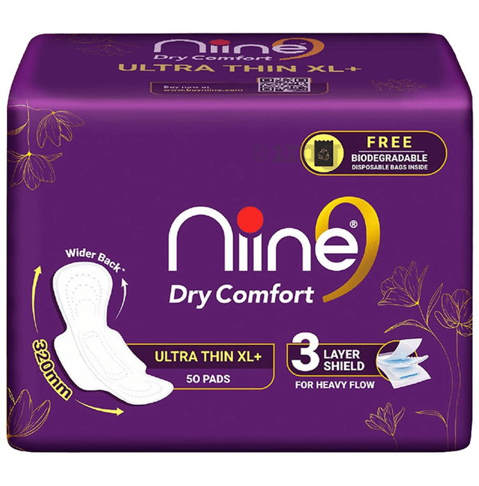 Niine Dry Comfort Ultra Thin  Sanitary Pads for Heavy Flow with Biodegradable Disposable Bags Inside ( 50 Each) XL+