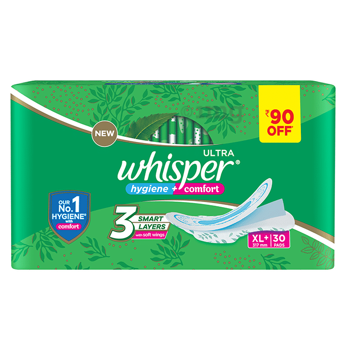 Whisper Ultra Clean with Herbal Oil Sanitary Pads XL+ 3 Smart Layers with Soft Wings