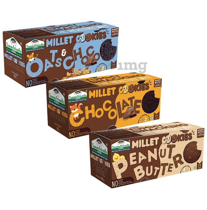 TummyFriendly Foods Millet Cookies Oats & Choco, Chocolate & Peanut Butter (75gm Each)
