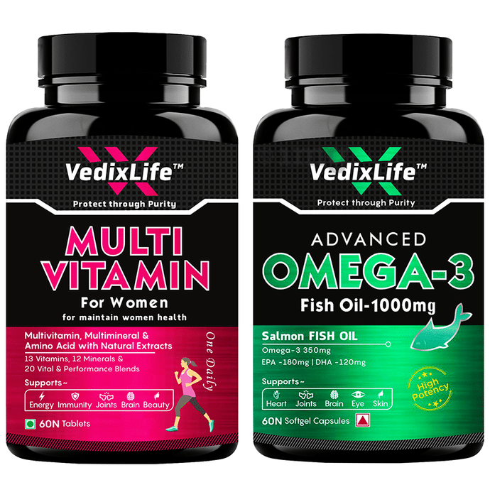 VedixLife Multi Vitamin for Women Tablet & Advanced Omega-3 Fish Oil Softgel Capsules (60 Each)