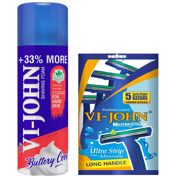 Vi-John Combo Pack of Buttery Cool Tea Tree Oil Shaving Foam (400gm) & Platinum Plated Master Stroke Razor (5) for Hard Skin
