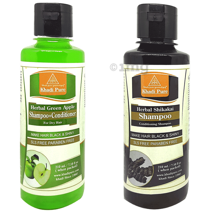 Khadi Pure Combo Pack of Herbal Green Apple Shampoo+Conditioner & Herbal Shikakai Shampoo SLS & Paraben Free (210ml Each)