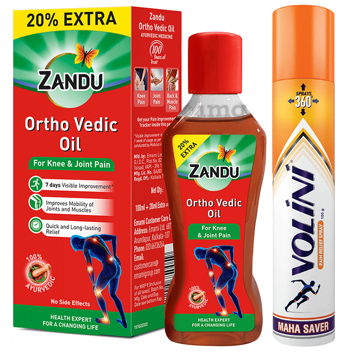 Combo Pack of Volini Spray for Sprain, Muscle and Joint Pain (100gm) & Zandu Ortho Vedic Knee & Joint Pain Oil (120ml)
