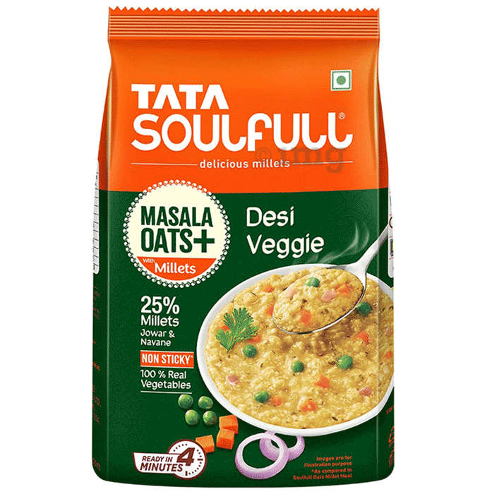 Tata Soulfull Masala Oats + with Millets Real Vegetables, 25% Millets, Non Sticky Desi Veggie