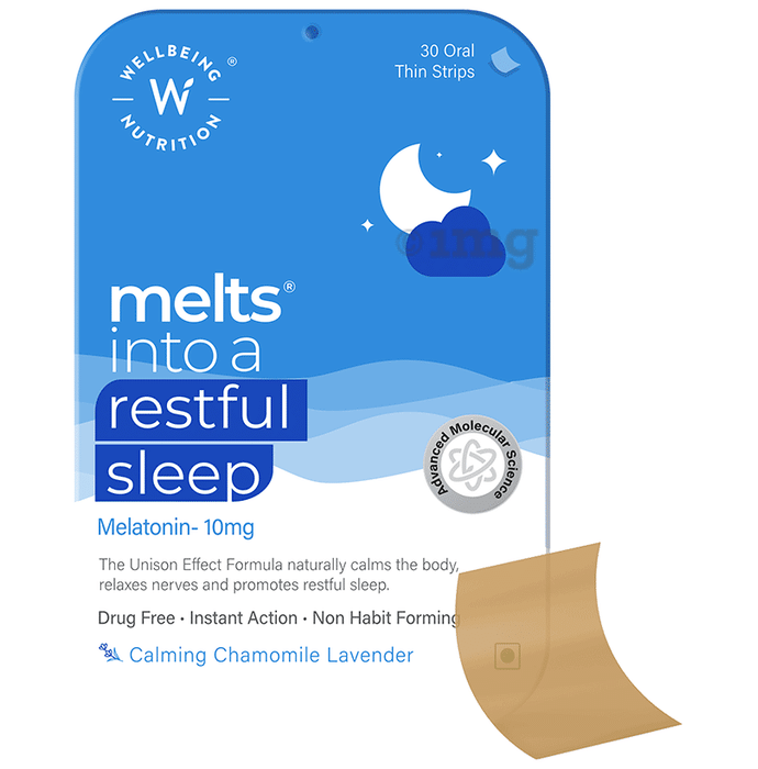Wellbeing Nutrition Melts into a Restful Sleep Melatonin 10mg Oral Thin Strip Calming Chamomile Lavender