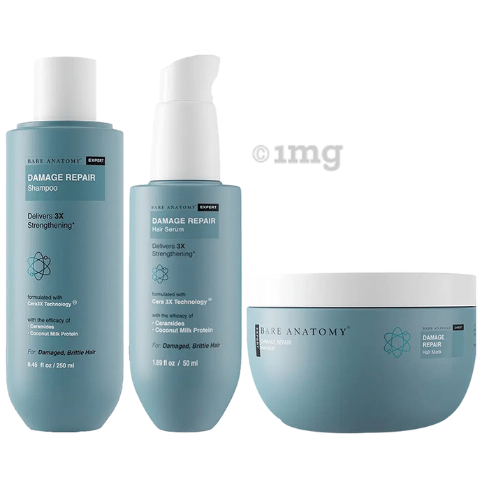 Bare Anatomy Combo Pack of Damage Repair Shampoo (250ml), Damage Repair Hair Serum (50ml) & Damage Repair Hair Mask (250gm)