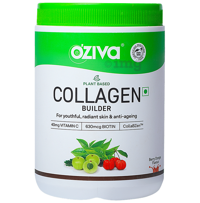 Oziva Plant Based Collagen Builder with Vitamin C & Biotin | Effervescent Tablet for Skin Health | Flavour Berry Orange