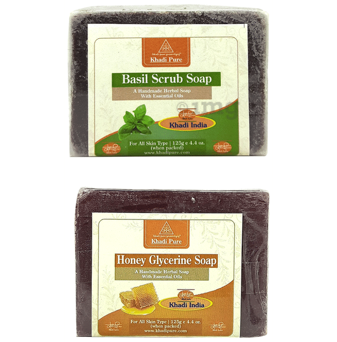 Khadi Pure Combo Pack of Basil Scrub Soap & Honey Glycerine Soap (125gm Each)
