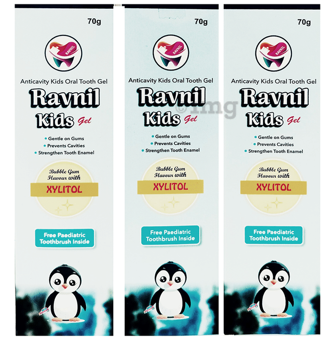 Ravnil Kids Tooth Gel (70gm Each) Bubblegum Flavour with Xylitol with Paediatric Toothbrush Inside Free
