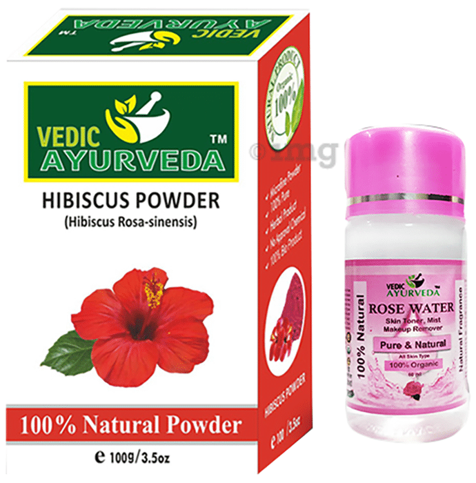Vedic Ayurveda Combo Pack of Hibiscus Powder (100gm) with Rose water (60gm)