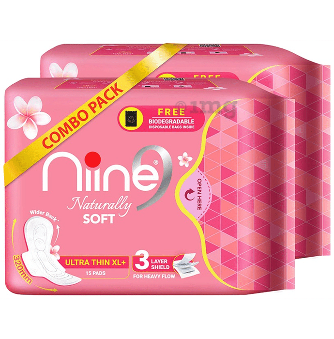Niine Naturally Soft  Pads (15 Each) with Biodegradable Disposal Bag Inside Free Ultra Thin XL+