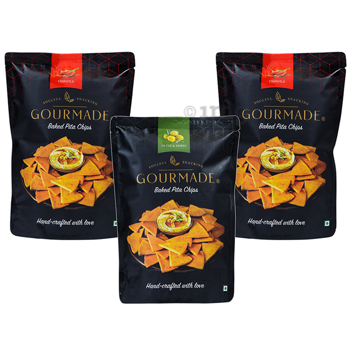 ‎Gourmade Soulful Snacking Combo Pack of Pita Chips Chipotle-2 & Olive & Herbs-1 (125gm Each)
