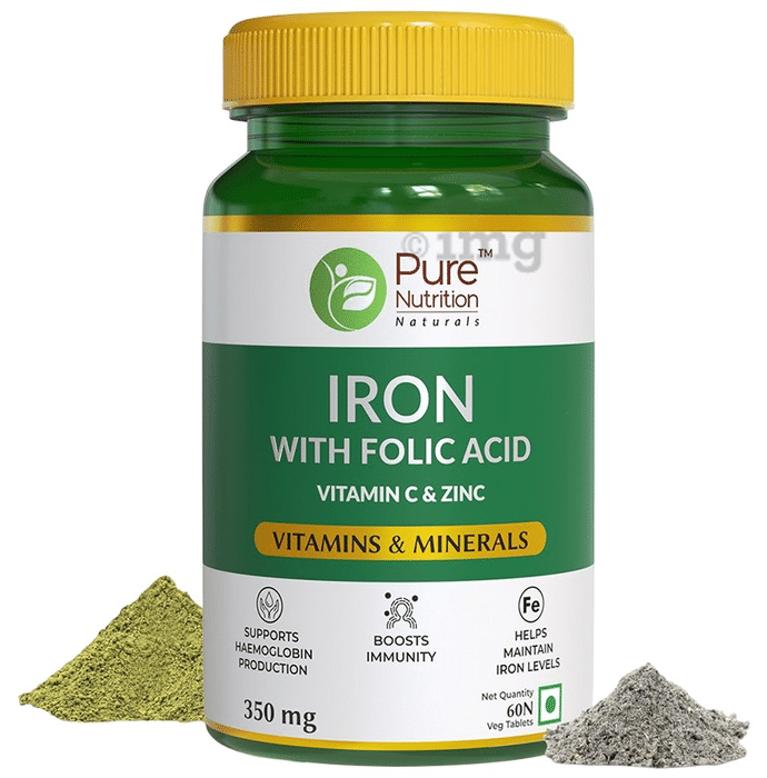 Pure Nutrition Iron with Folic Acid, Vitamin C & Zinc | For Haemoglobin Production | Tablet