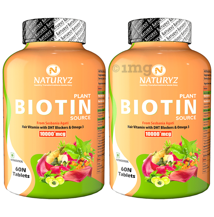 Naturyz 100% Plant Biotin Tablets with DHT Blocker & Omega for Nails, Hair & Skin (60 Each)