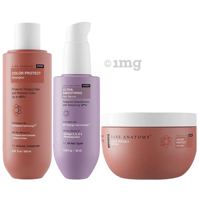 Bare Anatomy Combo Pack of Color Protect Shampoo (250ml), Ultra Smoothing Hair Serum (50ml) & Color Protect Hair Mask (250gm)