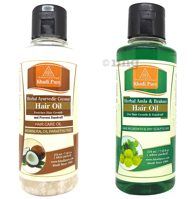 Khadi Pure Combo Pack of Herbal Amla & Brahmi Hair Oil & Herbal Ayurvedic Coconut Hair Oil (210ml Each)