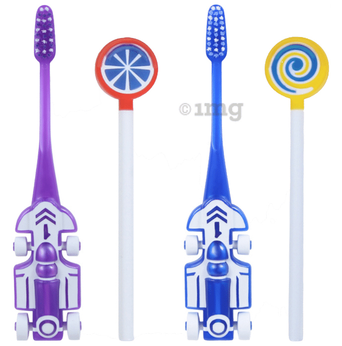 Maxi Oral Care Junior Pack of 2 Zoom Car Junior Toothbrush and 2 Lollipop Tongue Cleaner