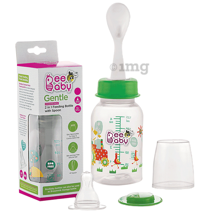 BeeBaby Gentle 2 in 1 Slim Neck Baby Feeding Bottle with Anti-Colic Silicone Nipple & Feeder Spoon 3 Months+ Green
