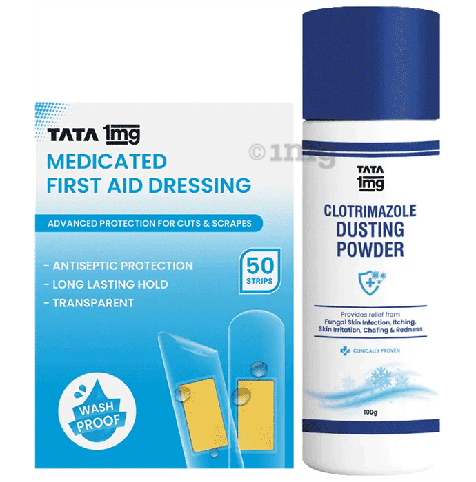 Combo Pack of Tata 1mg Medicated First Aid Dressing - Washproof, Bandages (20) & Tata 1mg Antifungal Dusting Powder (100gm)