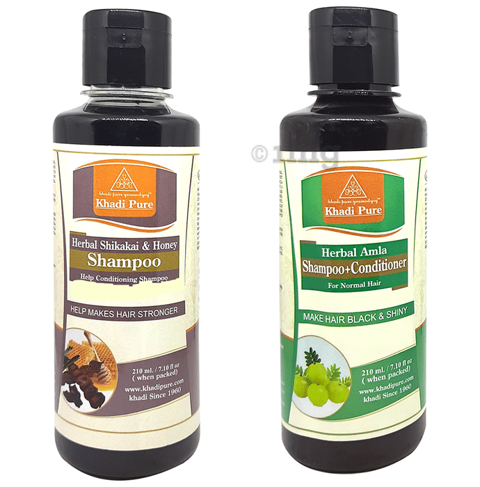 Khadi Pure Combo Pack of Herbal Shikakai & Honey Shampoo & Herbal Amla Shampoo + Conditioner (210ml Each)