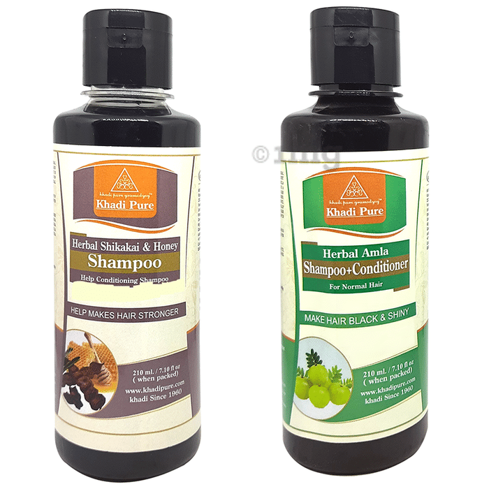 Khadi Pure Combo Pack of Herbal Shikakai & Honey Shampoo & Herbal Amla Shampoo + Conditioner (210ml Each)