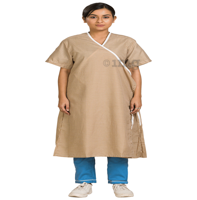 Agarwals Unisex Patient Gown Front Open Overlap Brown Checks XXXL