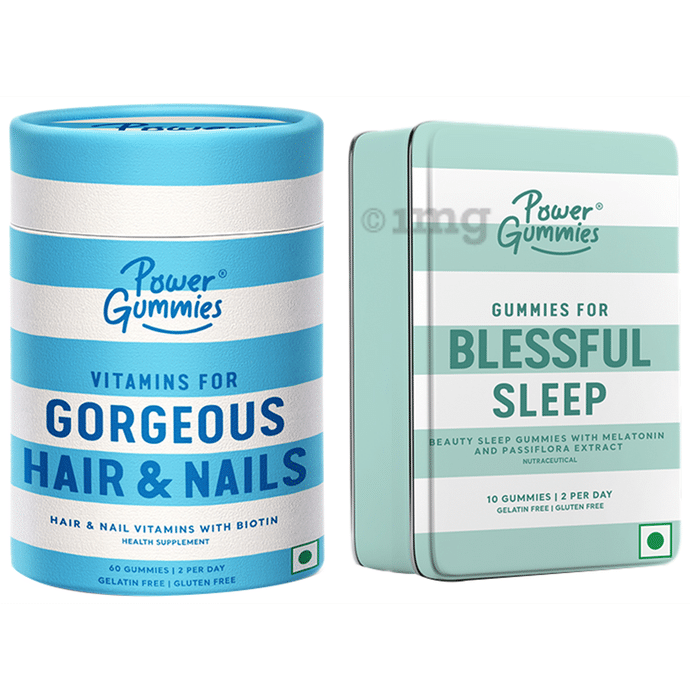 Power Gummies Combo Pack of Vitamins for Gorgeous Hair & Nails (60 Each) & Gummies for Blessful Sleep (10 Each)