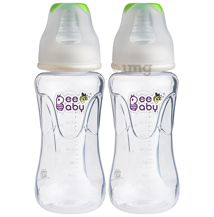 BeeBaby Comfort Slim Neck Baby Feeding Bottle with Slow Flow Anti-Colic Silicone Nipple 8 Months + (240ml Each) Green