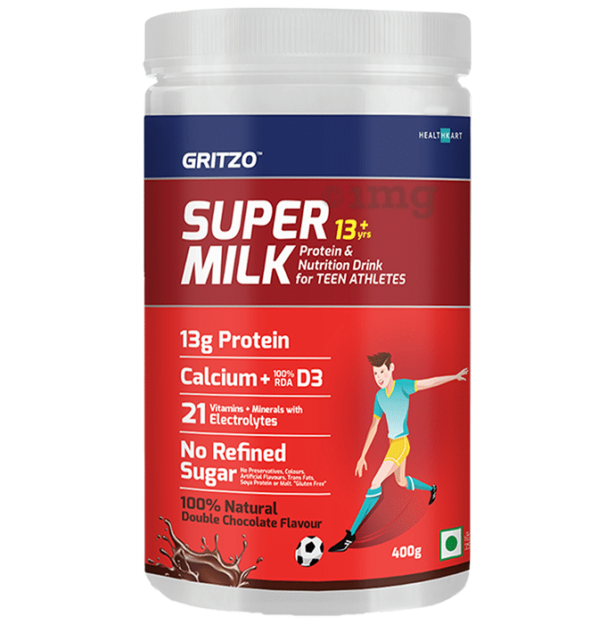 Gritzo SuperMilk for Active Kids, Protein Powder for Kids, High Protein (6 g), DHA, Calcium + D3, 21 Nutrients, No Refined Sugar, 100% Natural Double Chocolate Flavour 13+ years Double Chocolate