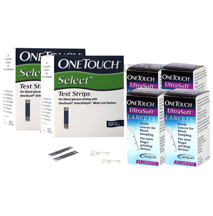 Combo Pack of OneTouch Select Test Strip 2 Box (50 Each) & One Touch Ultrasoft Lancet 4 Box (25 Each)