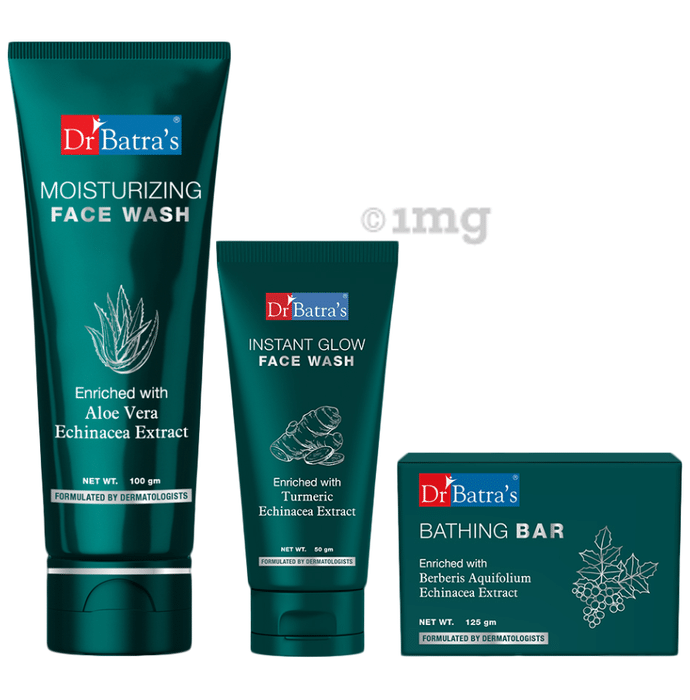 Dr Batra's Combo Pack of Moisturizing Face Wash 100gm, Instant Glow Face Wash 50gm and Skin Refreshing Bathing Bar 125gm