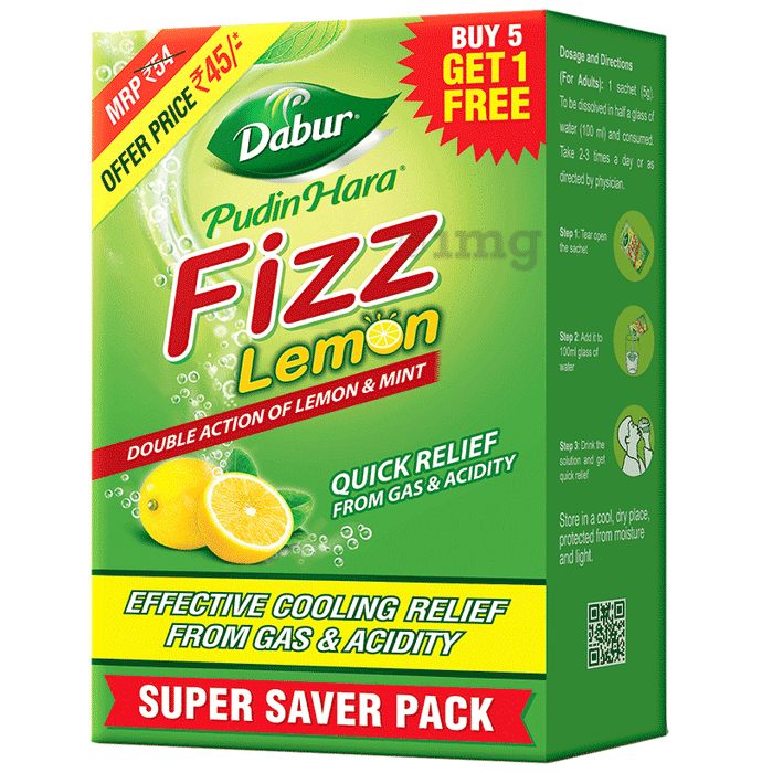 Dabur Pudin Hara Fizz Sachet | Antacid, Quick Relief from Gas & Acidity (5gm Each) Lemon
