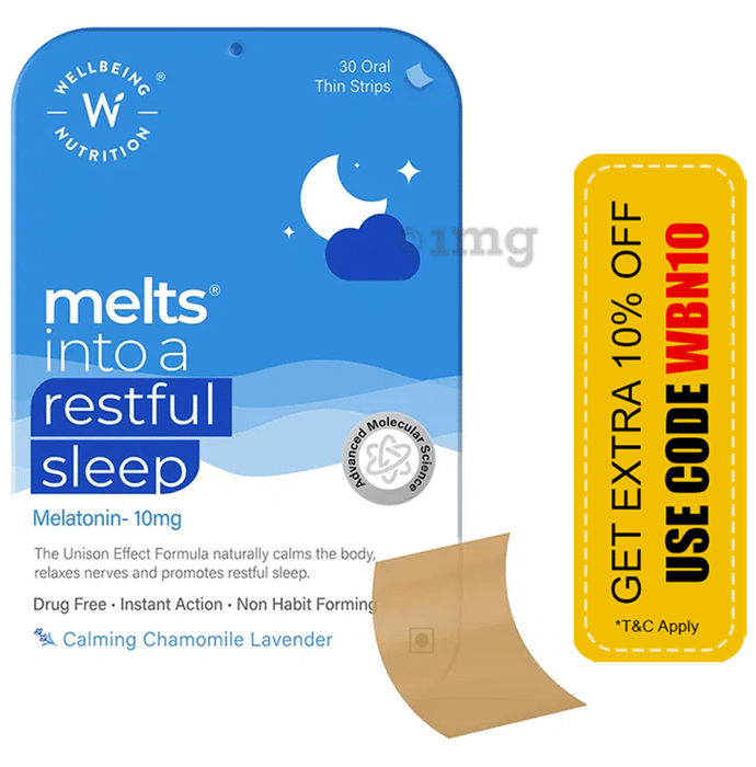 Wellbeing Nutrition Melts into a Restful Sleep Melatonin 10mg Oral Thin Strip Calming Chamomile Lavender