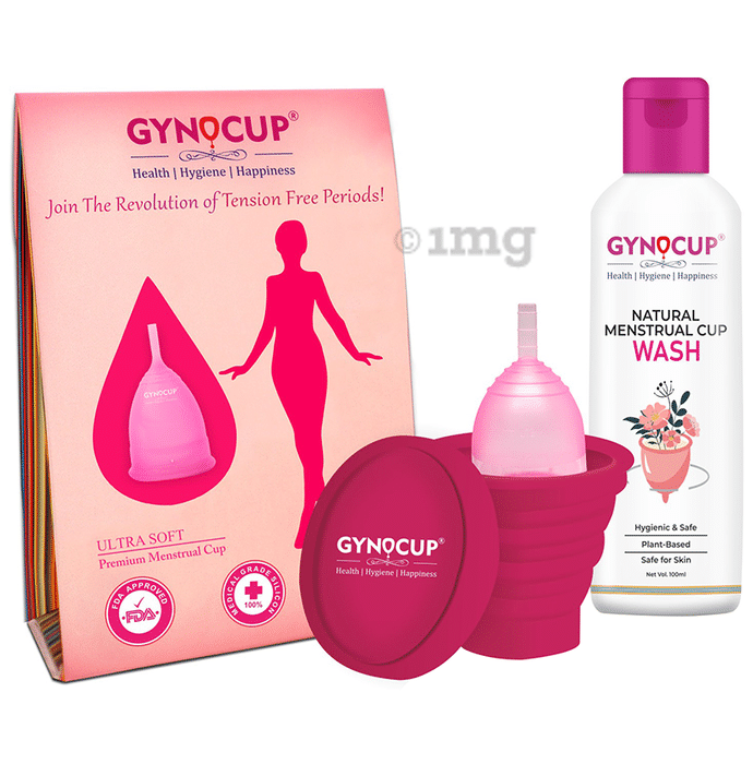 Gynocup Combo Pack of Menstrual Cup for Women (Medium), Menstrual Cup Sterilizer Container & Women Natural Intimate Wash (100ml) Pink