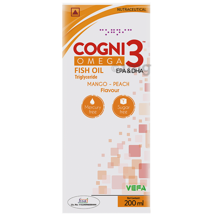 Cogni 3 Syrup with Omega 3 Fish Oil (EPA & DHA) | Sugar-Free | Flavour Mango Peach
