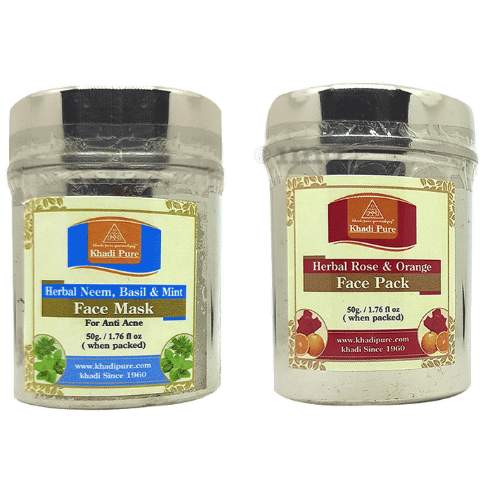 Khadi Pure Combo Pack of Herbal Neem,Basil & Mint Face Mask & Herbal Rose & Orange Face Pack (50gm Each)
