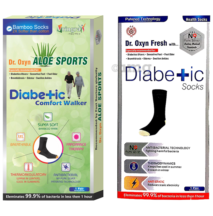Vringra Combo Pack of Dr. Oxyn Aloe Sports Diabetic Comfort Walker and Dr. Oxyn Fresh with N9 Pure Silver Diabetic Socks (1 Pair Each)